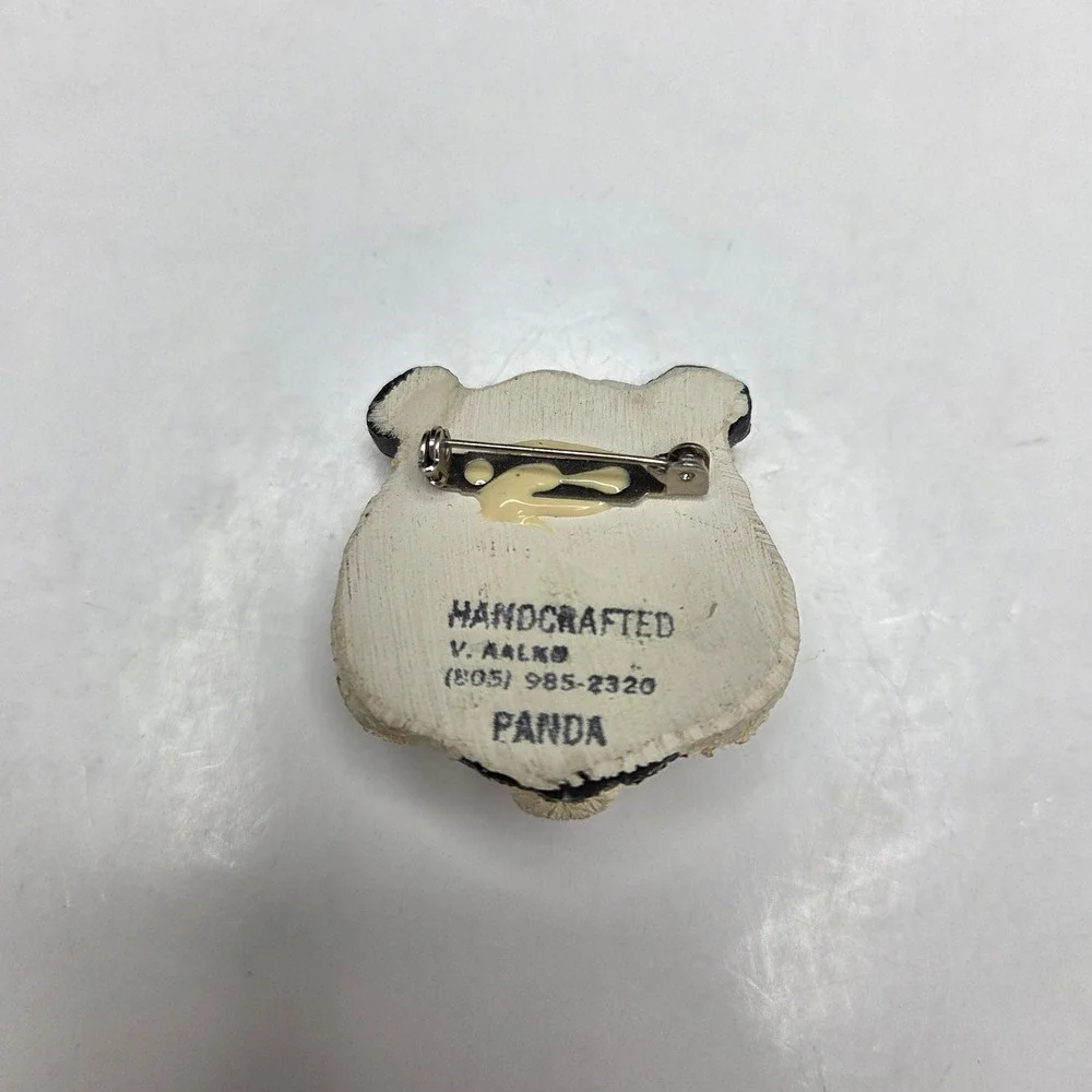 V. Aalko Handcrafted Panda Bear Pin Brooch Vintage Resin Animal Black White 1.5